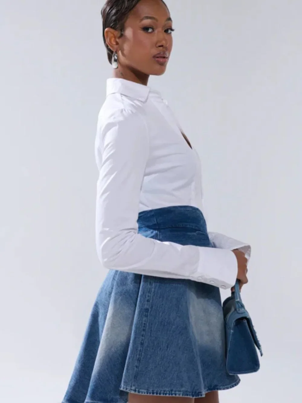 White shirt dress with denim skirt overlay, size M - Picture 2 of 4